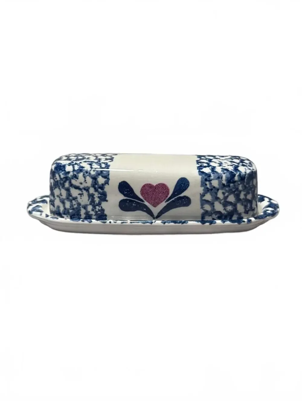 Vintage Blue Spongeware Red Heart Pottery Butter Dish w/ Lid Farmhouse Stoneware